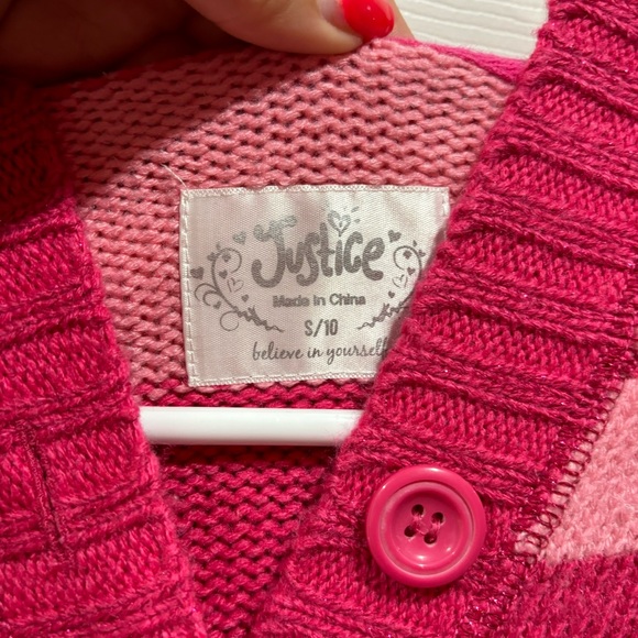JUSTICE Girl’s Pink Striped Button Down V Neck Knit Hooded Sweater - size S(10) - Picture 2 of 3